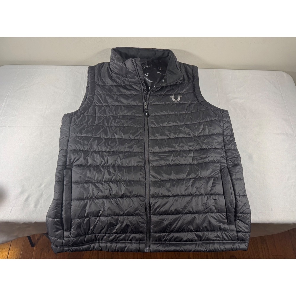 True Religion Mens Black Quilted Puffer Vest Horseshoe Logo Full Zip Size Medium